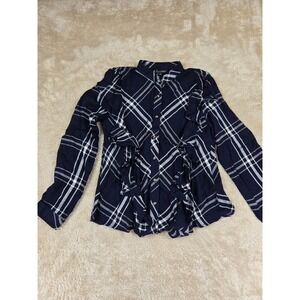 Style Envy Navy White Plaid Button Front Ruffle Peplum Blouse Shirt Women's S